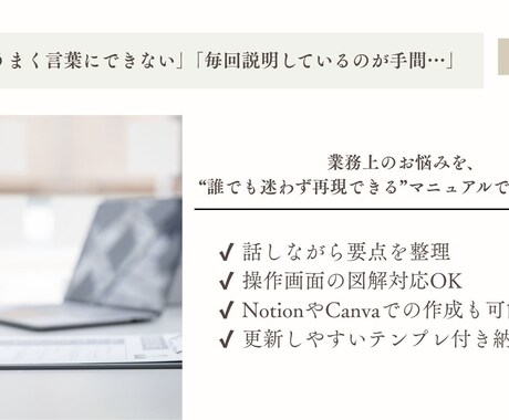 誰でも迷わずできる業務マニュアルを作成します 業務を分解、丁寧に言語化。“伝わる形”にマニュアル化します。 イメージ2