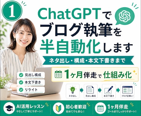 ChatGPTでブログ執筆を半自動化します ネタ出し・構成・本文下書きまで1ヶ月伴走で仕組み化 イメージ1