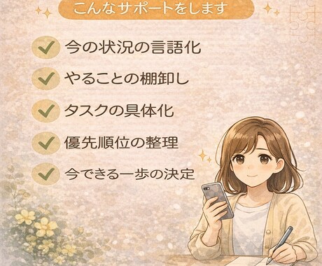 頭の中のモヤモヤを3日間チャットで整理します 話すのが苦手な方へ。文章でゆっくり思考を整理します。 イメージ2