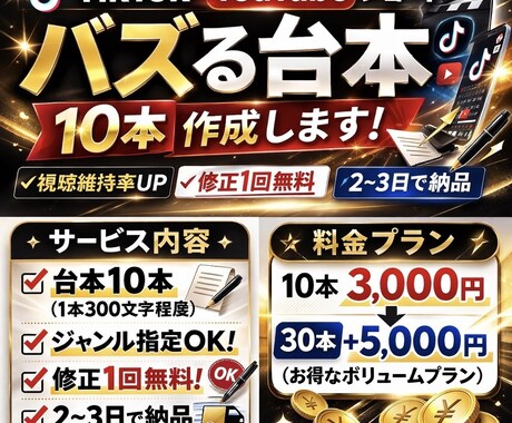 TikTok・YouTubeショートの台本作ります バズりやすい構成で10本まとめて制作します。 イメージ1