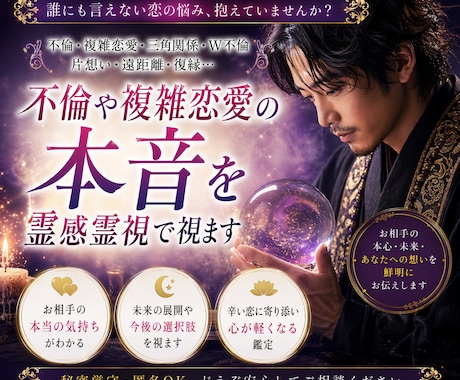 不倫や複雑恋愛の本音を霊感霊視で視ます 不倫・W不倫・複雑恋愛・婚外恋愛どんな恋でも大丈夫 イメージ1