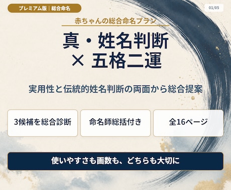 プレミアム版｜赤ちゃんの名前を真・姓名判断します 真・姓名判断に画数診断を加えた最上位命名プラン イメージ1