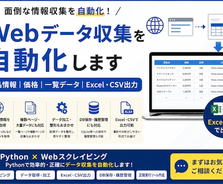 Webサイトから必要なデータを収集します 面倒なWeb情報収集を自動化・データ化します イメージ1
