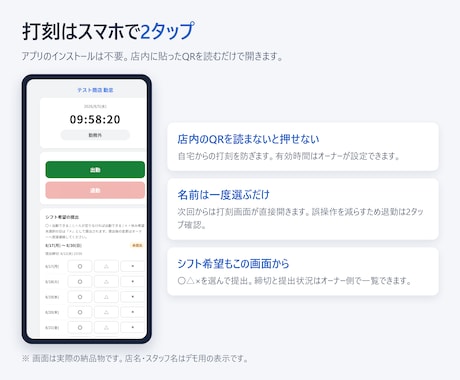 QR打刻の勤怠・シフト管理を作ります 月額0円。残業・深夜・休日割増まで自動で計算します イメージ2