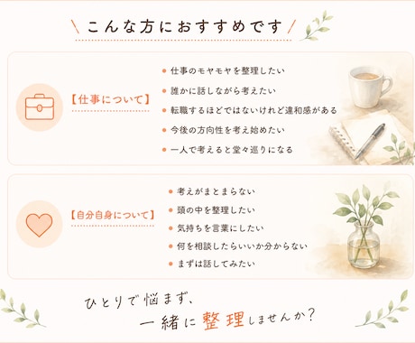 仕事の悩み｜モヤモヤ｜思考整理｜お話し聞きます 一人で考えて堂々巡りになる前に、まずは気持ちを整理しませんか イメージ2
