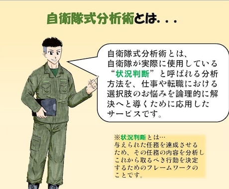 仕事や転職の悩みを解決へ導きます 元自衛官の私が、自衛隊式分析術で３０～４０代のお悩みを分析！ イメージ2