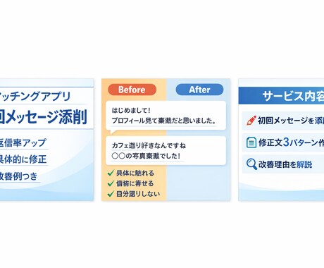 マッチングアプリ初回メッセージ具体的に添削します テンプレ渡しません！相手プロフィール前提で作ります イメージ1