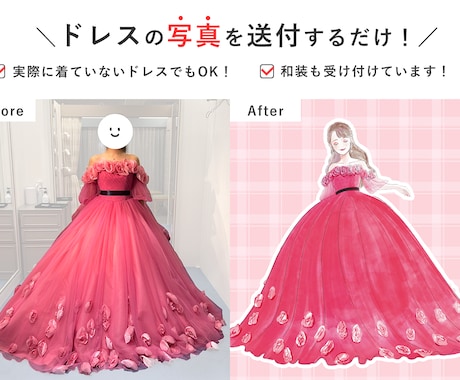 結婚式*ドレス色当てクイズのイラスト描きます 【オーダーメイド】ドレスのデザイン、ヘアスタイル描き下ろし！ イメージ2
