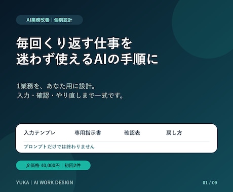 繰り返し業務1つを、専用AIワークフローに整えます 入力・確認・やり直しまで、業務別に個別設計 イメージ1