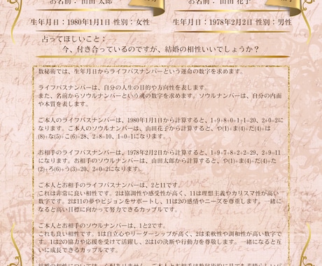 数秘術■AI相性占い診断で鑑定書を作成します ２人の関係上手く行ってないなら、相性をみてみませんか イメージ1