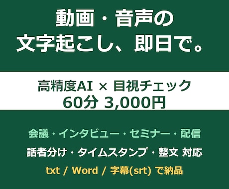 動画・音声をAIと目視で高精度文字起こしします 60分3,000円・最短即日。AI＋人の目でダブルチェック イメージ1