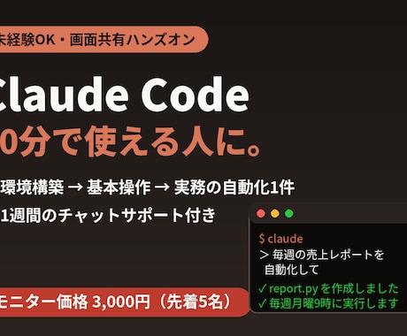 Claude Code導入を支援します 未経験OK！60分で環境構築から初の自動化まで完走 イメージ1