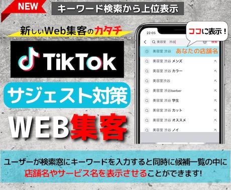Tiktokに店舗やサイトを検索窓に上位表示します ユーザーが検索キーワードを入力した時点でいきなり集客できます イメージ1