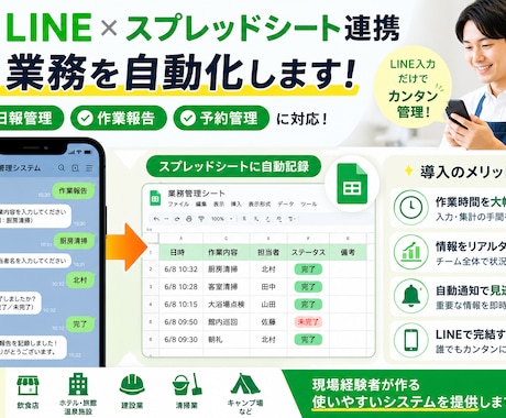 LINEとスプレッドシートを連携します LINE入力だけで日々の業務管理を自動化します イメージ1