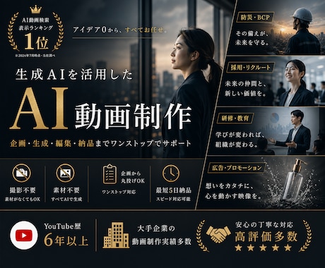 生成AIを活用したオーダーメイド動画を制作します アイデア0から企画、生成、編集、納品までをサポートします イメージ1