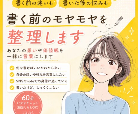 書く前のモヤモヤを整理します 書く前の迷いも、書いた後の悩みも一緒に言葉にします。 イメージ1