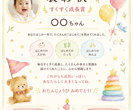 誕生日や記念日用のプレゼントムービーを制作します 1年間の思い出や姿をムービーやプロフィールや賞状に保存！ イメージ1