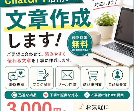 ChatGPTを活用して文章を作成します SNS投稿・ブログ記事など、文章を作成・リライトします。 イメージ1