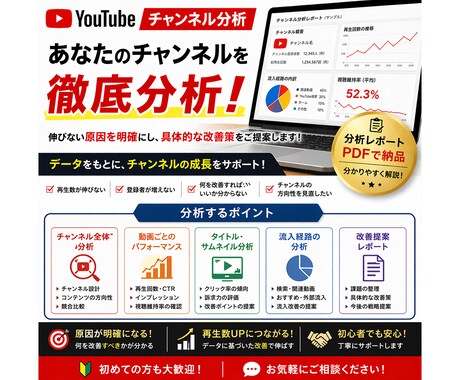 YouTubeチャンネルを分析し改善点を提案します 伸びない原因を明確にし、具体的な改善策を提示します イメージ1