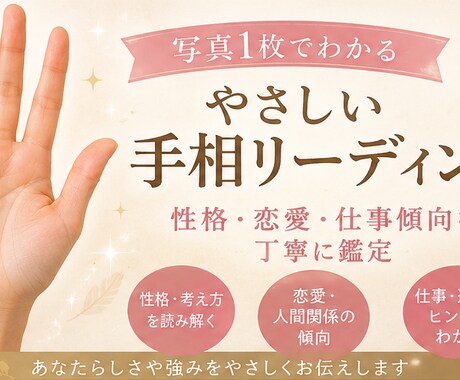 手のひら写真から性格傾向を鑑定します 写真1枚で性格・恋愛・仕事傾向をやさしく鑑定 イメージ1