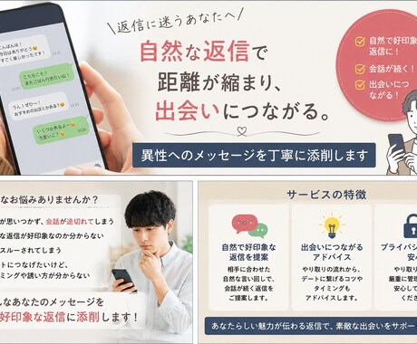 マッチングした異性へのメッセージを自然に添削します 返信がきやすい会話の流れ、初回デートまでの流れを提供します! イメージ1