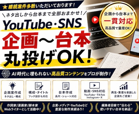 丸投げOK！企画〜台本までプロが高品質で制作します YouTube・SNS等に！AI時代に埋もれないコンテンツ◎ イメージ1