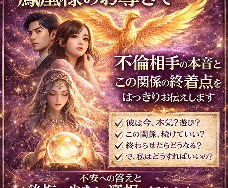 鳳凰様が不倫相手の本音とこの関係の終着点を伝えます 迷い続ける不倫に、今日で結論を出します イメージ2