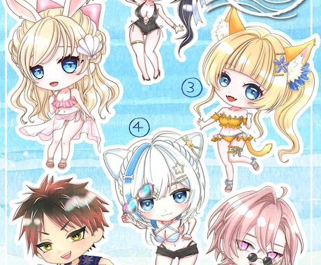 量産企画★ミニキャラ水着イラストお描きします 可愛い＆カッコいい！安価なSDキャラの水着イラストオーダー！ イメージ1