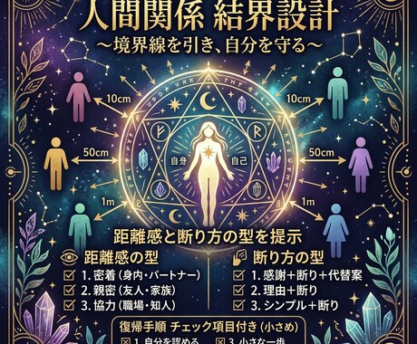 魂覚醒の結界設計で人間関係守護し安心を提示します 境界線を整え距離感と断り方の型を文章で渡します イメージ1