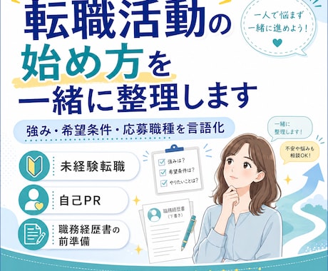 転職活動の始め方を一緒に整理します 強み・希望条件などを整理、職務経歴書を書く準備をしましょう。 イメージ1