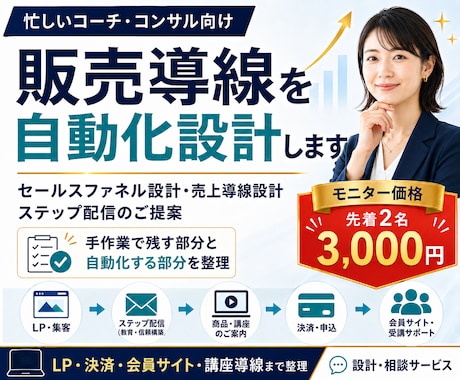 忙しいコーチ・コンサルの販売導線を自動化設計します セールスファネル・ステップ配信・申込までの仕組みをご提案 イメージ1