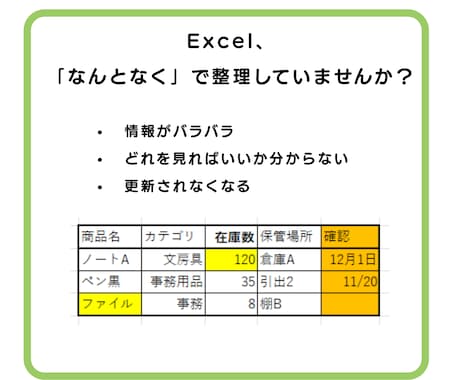 Excel管理表を見やすく整理します 分かりにくいExcelを、見やすく・使いやすい形に整えます。 イメージ2