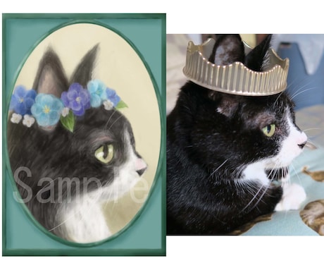 花冠で飾った愛猫さんのイラスト描きます フレームが描いてある、ふんわり可愛い肖像画風イラスト イメージ2