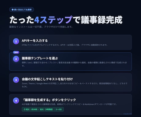 5種テンプレ×長文対応のAI議事録ツール提供します 貼って押すだけ。長文会議も1〜5分で議事録完成 イメージ2