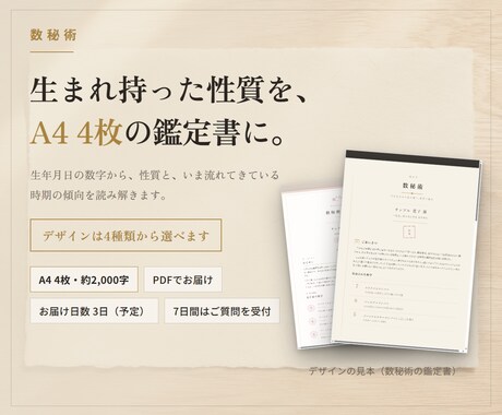 数秘術｜生まれ持った性質を鑑定書にします 生年月日の数字から、生まれ持った性質をA4 4枚にまとめます イメージ1