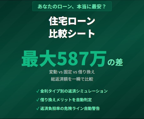 587万の差がわかるローン比較シートを提供します 金利・総返済額・月々の返済額を一括で比較できます イメージ1
