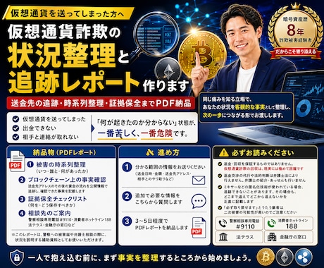 仮想通貨詐欺の状況整理と追跡レポート作ります 送金先の追跡・時系列整理・証拠保全までPDF納品 イメージ1
