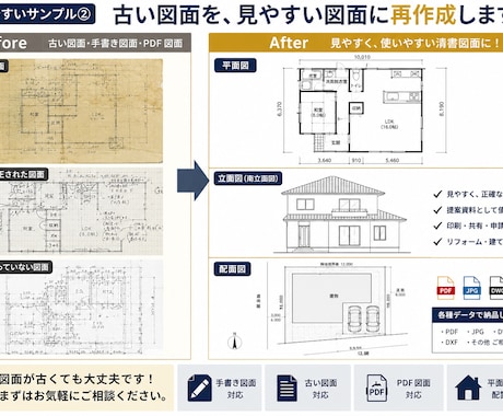 古い図面手書き図面見やすいCAD図面トレースします 手書き図面・古い図面を見やすい建築図面に清書します イメージ2