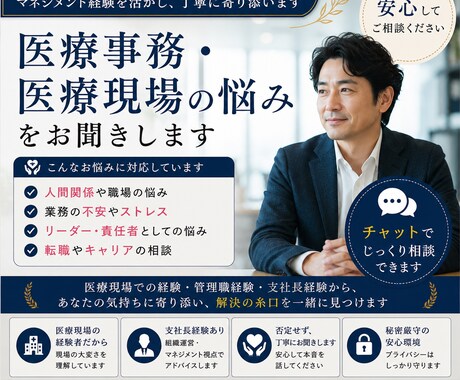 医療事務・医療現場の悩みをチャットでお聞きします 現場経験者、管理職経験者が丁寧にお聞きします イメージ1