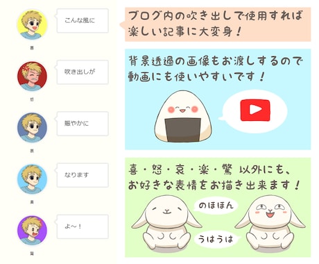 アイコン表情5点セット描きます 色んな表情であなたのブログや動画を楽しく盛り上げます！ イメージ2