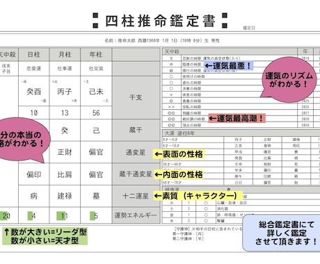 最強の四柱推命！完全データ化！恋愛仕事全て占います 【お試し価格】鑑定書９枚の圧倒的ボリュームをワンコインで！ イメージ2