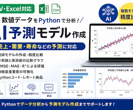データからAI予測モデルを作成します 数値データ(売上・需要・寿命など)をPythonで分析します イメージ1
