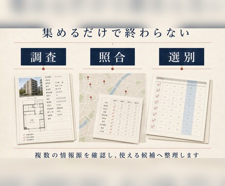 物件・不動産会社を実務目線で詳しく調査します 公開情報と資料から確認事項・注意点まで整理します イメージ2
