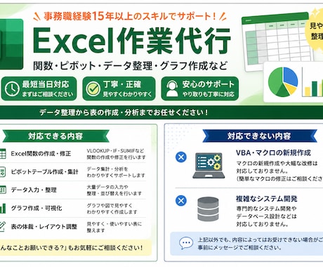 Excel作業を迅速・丁寧に代行しますます 関数・集計・データ入力まで対応 イメージ1