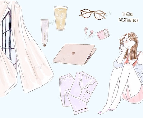 おしゃれな水彩イラストセットお好みの５点～描きます 人物や小物セット！デザインに統一感＆個性UPし多様な場面に！ イメージ2