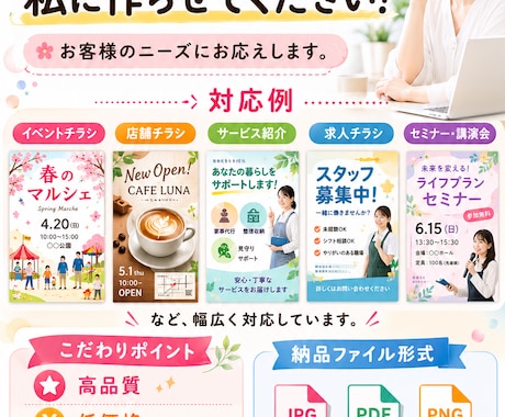 あなたのイメージをチラシにします 丁寧なヒアリングで、お客様の想いを形にします。 イメージ1