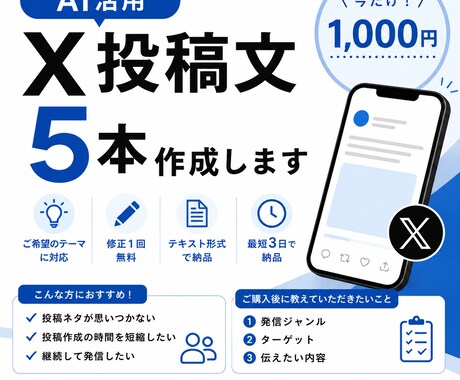 AIでX投稿文を5本作成しますます 自然な文章で投稿を作成します！ イメージ1