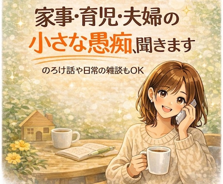 家事・育児・夫婦の小さな愚痴、気軽に聞きます 誰にも言えない日常の本音、安心して話せる通話時間です。 イメージ1