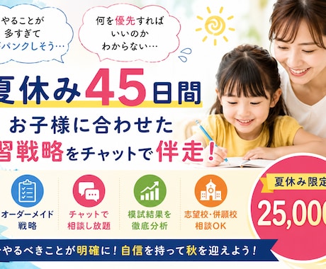 年長限定3名｜小学校受験の夏休み完全伴走します 志望校と現在地を分析し、夏休み50日の学習戦略を作ります。 イメージ1