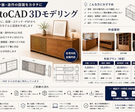AutoCADで家具・什器の3Dモデルを作成します 二級建築士が対応｜家具・造作・店舗什器を図面・PDFから3D イメージ1